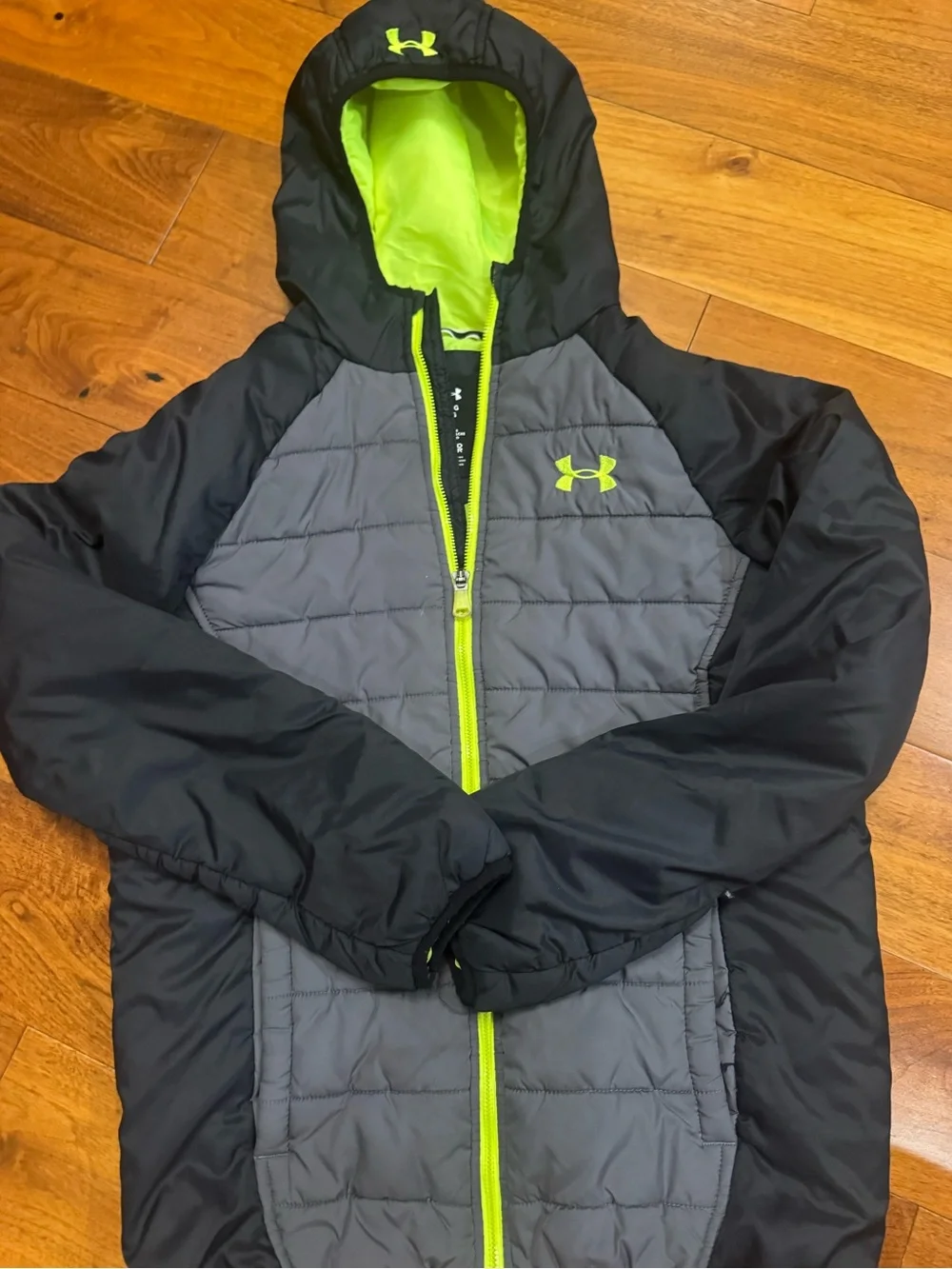 Under Armour Gray and Black Hooded Jacket with Neon Lime Accents